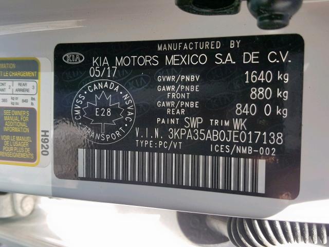 3KPA35AB0JE017138 - 2018 KIA RIO EX WHITE photo 10