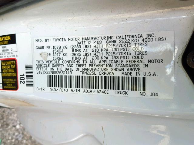 5TETX22N69Z651143 - 2009 TOYOTA TACOMA ACC WHITE photo 10