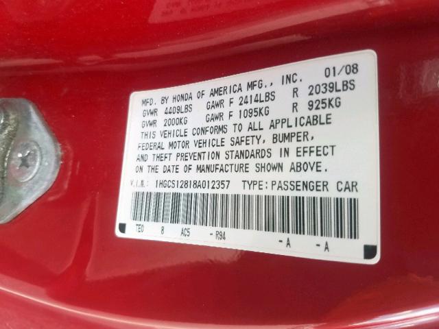 1HGCS12818A012357 - 2008 HONDA ACCORD EXL RED photo 10