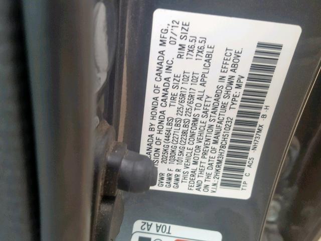 2HKRM3H78CH510232 - 2012 HONDA CR-V EXL CHARCOAL photo 10