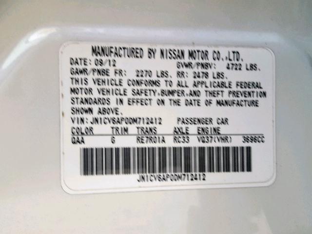 JN1CV6AP0DM712412 - 2013 INFINITI G37 BASE WHITE photo 10