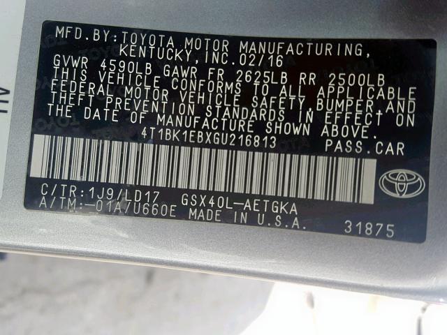 4T1BK1EBXGU216813 - 2016 TOYOTA AVALON XLE SILVER photo 10