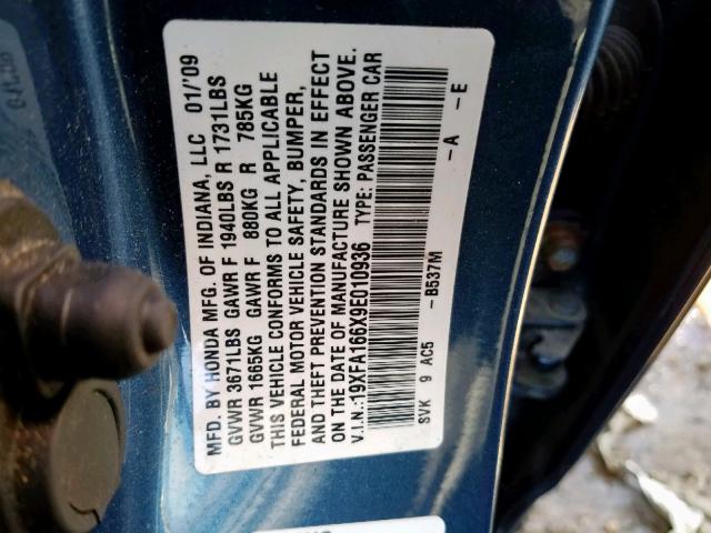 19XFA166X9E010936 - 2009 HONDA CIVIC LX-S Mavi foto 10