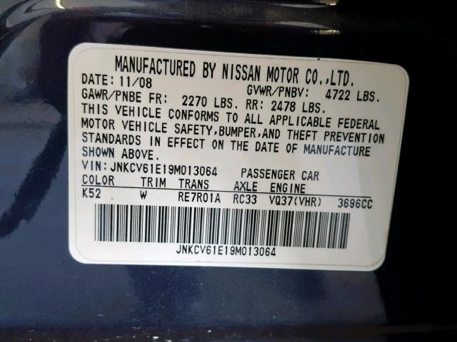 JNKCV61E19M013064 - 2009 INFINITI G37 BASE BLUE photo 10