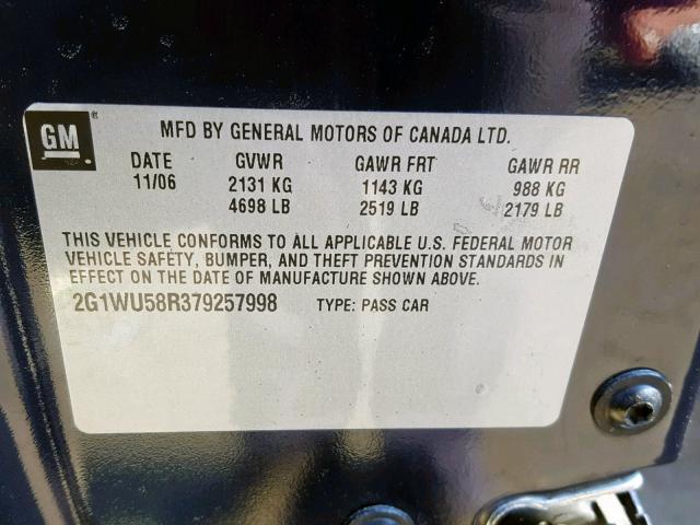 2G1WU58R379257998 - 2007 CHEVROLET IMPALA LTZ BLUE photo 10