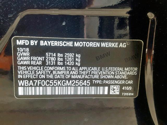 WBA7F0C55KGM25645 - 2019 BMW 750 I BLACK photo 10