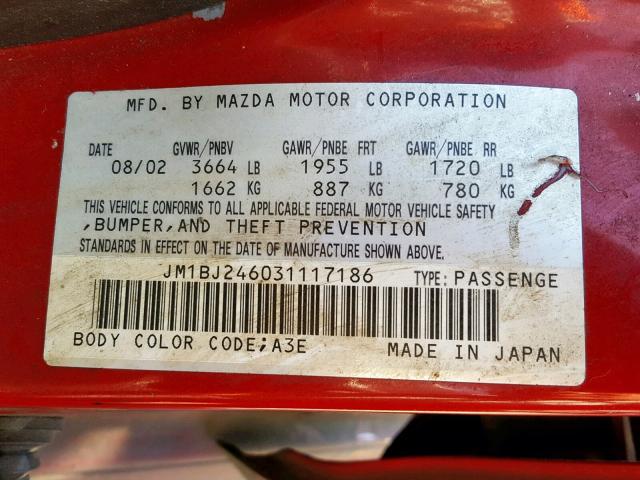 JM1BJ246031117186 - 2003 MAZDA PROTEGE PR RED photo 10