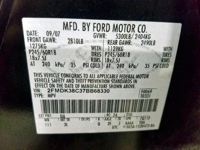 2FMDK38C37BB68330 - 2007 FORD EDGE SEL BLACK photo 10