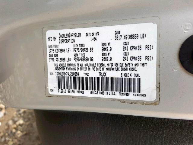 1D7HU18N74J210694 - 2004 DODGE RAM 1500 S SILVER photo 10