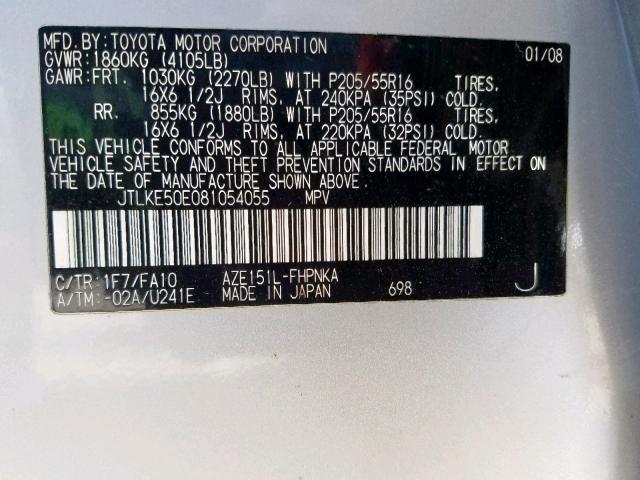 JTLKE50E081054055 - 2008 TOYOTA SCION XB 银色 照片 10