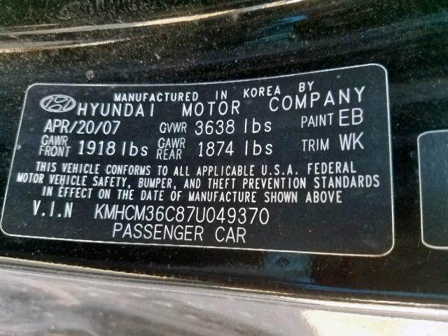 KMHCM36C87U049370 - 2007 HYUNDAI ACCENT GS BLACK photo 10