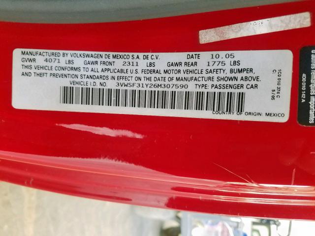 3VWSF31Y26M307590 - 2006 VOLKSWAGEN NEW BEETLE წითელი ფოტო 10