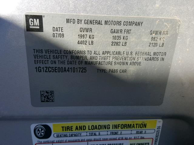 1G1ZC5E00A4101725 - 2010 CHEVROLET MALIBU 1LT SILVER photo 10