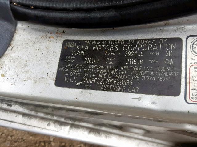 KNAFE221795628583 - 2009 KIA SPECTRA EX SILVER photo 10