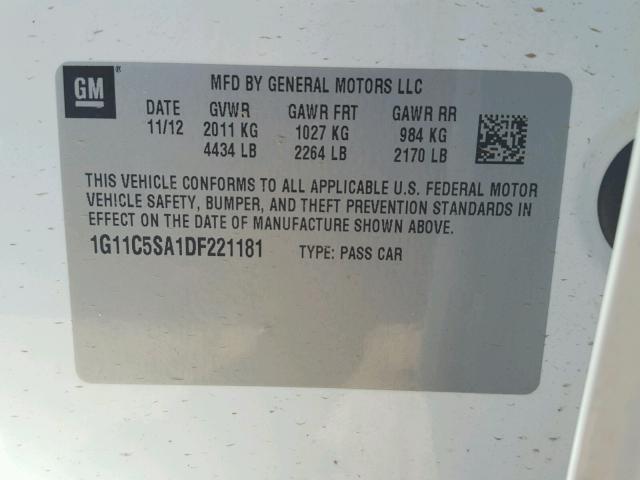 1G11C5SA1DF221181 - 2013 CHEVROLET MALIBU 1LT 白色 照片 10