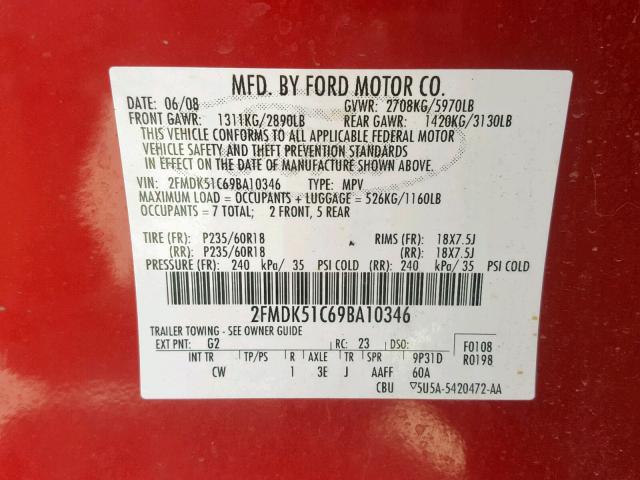 2FMDK51C69BA10346 - 2009 FORD FLEX SE RED photo 10