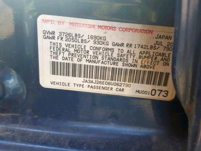 JA3AJ26E06U062790 - 2006 MITSUBISHI LANCER ES BLUE photo 10