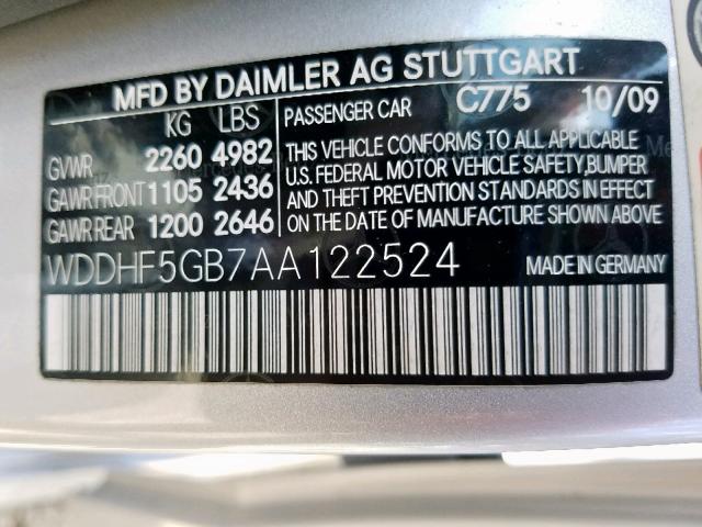 WDDHF5GB7AA122524 - 2010 MERCEDES-BENZ E 350 SILVER photo 10