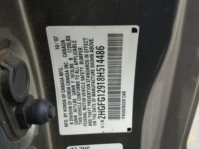 2HGFG12918H514486 - 2008 HONDA CIVIC EXL GRAY photo 10