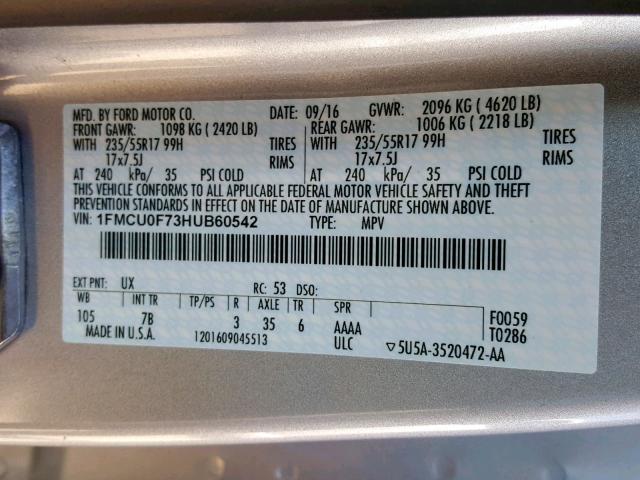 1FMCU0F73HUB60542 - 2017 FORD ESCAPE S SILVER photo 10