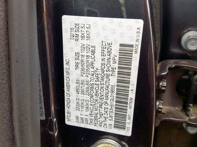 5J8TB3H51GL018655 - 2016 ACURA RDX TECHNO GRAY photo 10