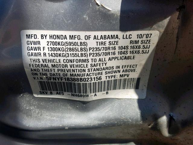 5FNYF18388B023156 - 2008 HONDA PILOT SE GRAY photo 10