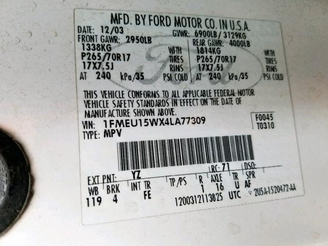 1FMEU15WX4LA77309 - 2004 FORD EXPEDITION WHITE photo 10