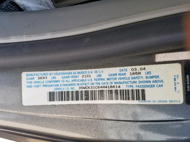 3VWCK31C64M418614 - 2004 VOLKSWAGEN NEW BEETLE ნაცრისფერი ფოტო 10