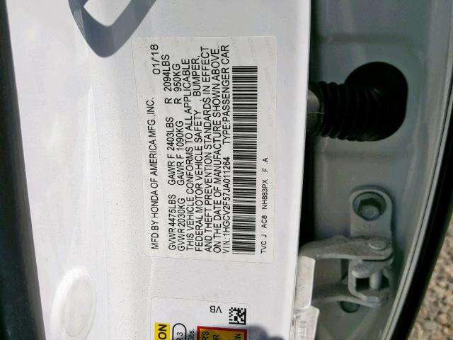 1HGCV2F57JA011264 - 2018 HONDA ACCORD EXL WHITE photo 10