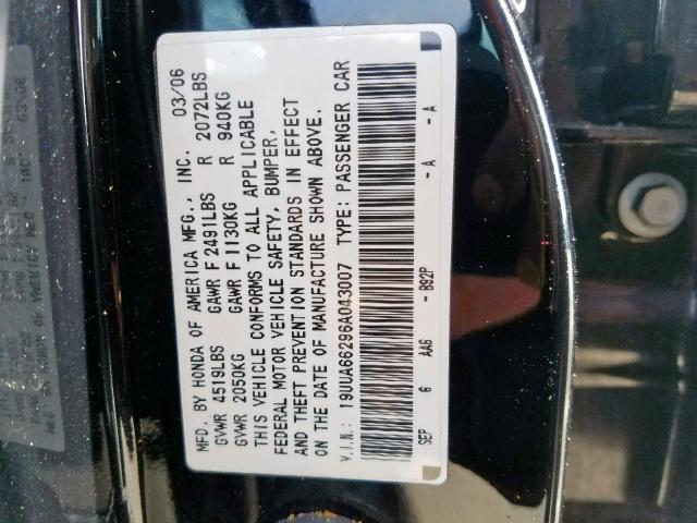 19UUA66296A043007 - 2006 ACURA 3.2TL BLACK photo 10