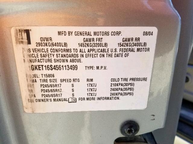 1GKET16S456113499 - 2005 GMC ENVOY XL CREAM photo 10