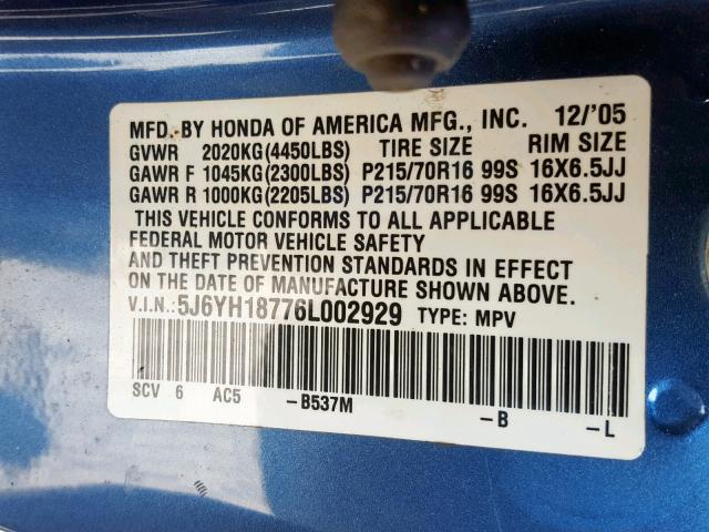 5J6YH18776L002929 - 2006 HONDA ELEMENT EX BLUE photo 10