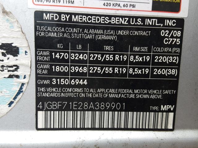 4JGBF71E28A389901 - 2008 MERCEDES-BENZ GL 450 4MA SILVER photo 10