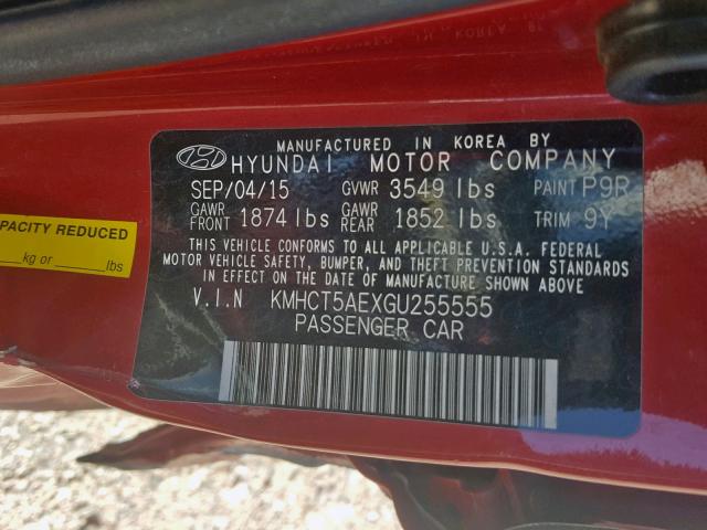 KMHCT5AEXGU255555 - 2016 HYUNDAI ACCENT SE RED photo 10