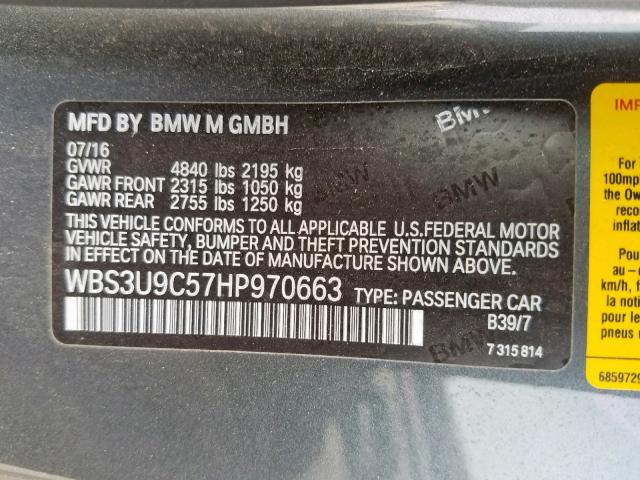 WBS3U9C57HP970663 - 2017 BMW M4 GRAY photo 10