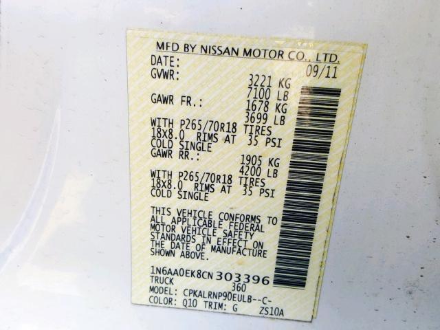 1N6AA0EK8CN303396 - 2012 NISSAN TITAN S WHITE photo 10