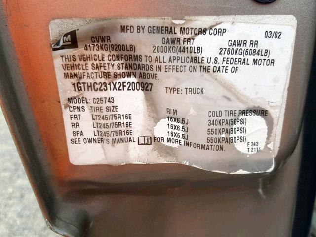 1GTHC231X2F200927 - 2002 GMC SIERRA C25 TAN photo 10