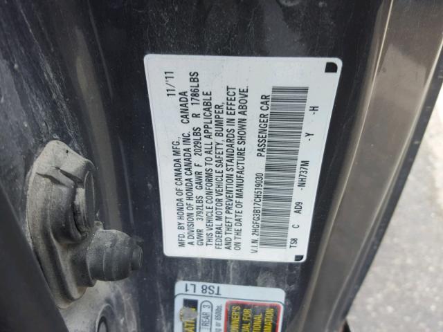 2HGFG3B17CH519030 - 2012 HONDA CIVIC EXL GRAY photo 10