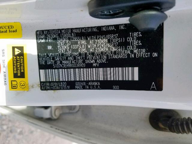 5TDZK3EH9BS038909 - 2011 TOYOTA HIGHLANDER WHITE photo 10