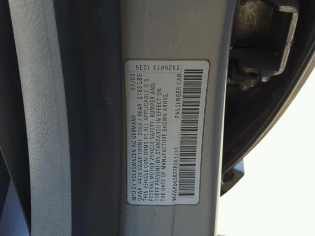 WVWPD63B23E081724 - 2003 VOLKSWAGEN PASSAT GLS GRAY photo 10