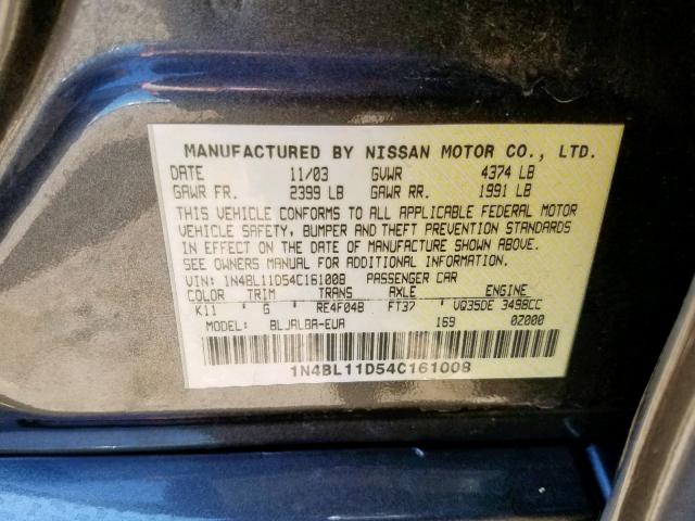 1N4BL11D54C161008 - 2004 NISSAN ALTIMA SE GRAY photo 10