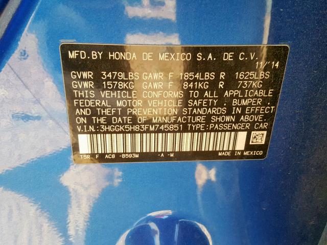 3HGGK5H83FM745851 - 2015 HONDA FIT EX BLUE photo 10