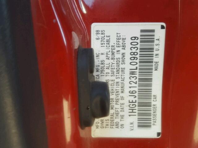 1HGEJ6123WL098309 - 1998 HONDA CIVIC DX RED photo 10