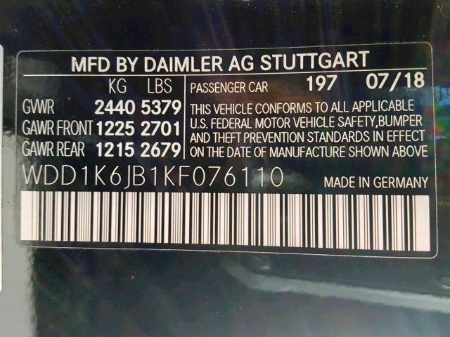 WDD1K6JB1KF076110 - 2019 MERCEDES-BENZ E 450 4MAT BLACK photo 10