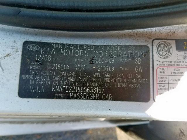 KNAFE221895653167 - 2009 KIA SPECTRA EX SILVER photo 10