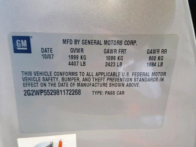 2G2WP552981172268 - 2008 PONTIAC GRAND PRIX SILVER photo 10