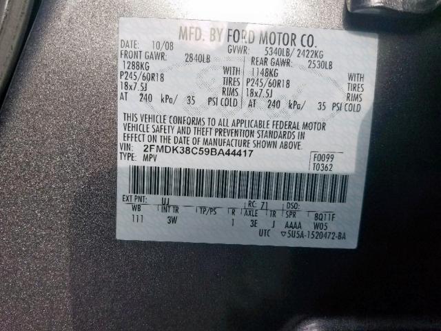 2FMDK38C59BA44417 - 2009 FORD EDGE SEL CHARCOAL photo 10