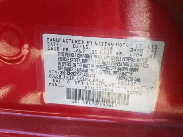 3N1CE2CP0FL436137 - 2015 NISSAN VERSA NOTE RED photo 10