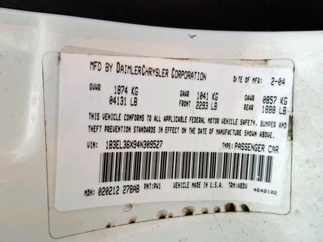 1B3EL36X94N309527 - 2004 DODGE STRATUS SE WHITE photo 10