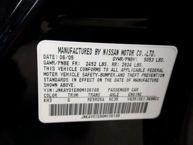 JNKAY01E86M106168 - 2006 INFINITI M35 BASE BLACK photo 10